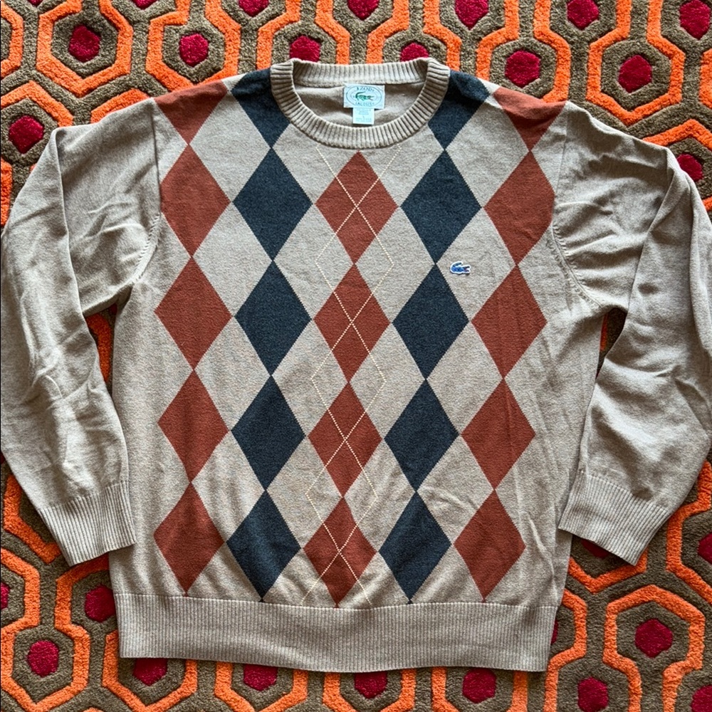 Vintage Izod Lacoste Beige & Brown Crewneck Sweater with Blue Gator Men's M/L
